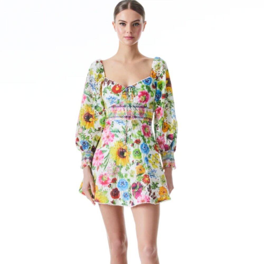 Alice + Olivia Crawford Floral Sweetheart Puff-sleeve Mini Dress